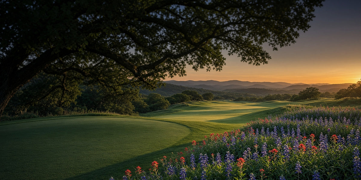 Golf tee box beneath a live oak at golden hour, with Texas bluebonnets and Indian paintbrush and Hill Country hills beyond