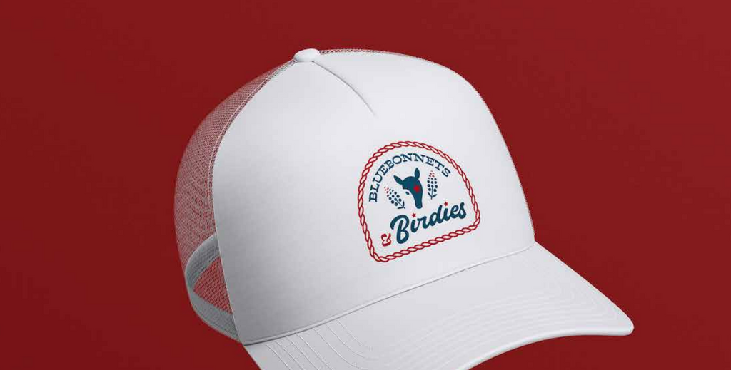 Pure white golf hat, Bluebonnets & Birdies